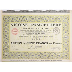 Акция Недвижимость N.I.S.A., 100 франков 1923 года, Бельгия