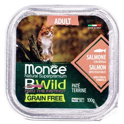 Влажный корм Monge Cat BWild GRAIN FREE для кошек, лосось/овощи, консервы, 100 г