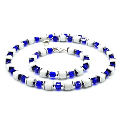 Колье-чокер, браслет "Кубики" из циркона цв.ярко синий, белый, 44см, 20см