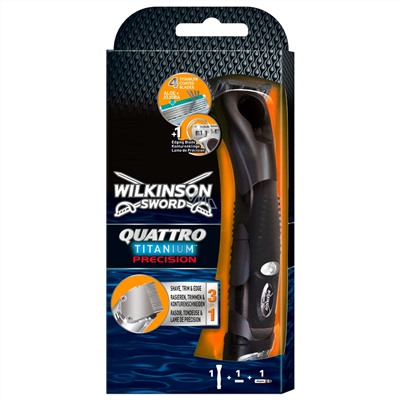 Станок для бритья Schick (Wilkinson Sword) QUATTRO Titanium Precision (+2 кассеты) с триммером и батарейкой