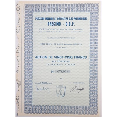 Акция Precision Moderne et Dispositifs Oleo-Pneumatiques Precimo-D.O.P., 25 франков, Франция