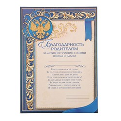 Благодарность «Родителям за активное участие в жизни класса», 157 гр., 21 х 29,5 см