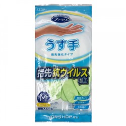 Тонкие хозяйственные перчатки из ПВХ с хлопковым покрытием зеленые Antiviral S.T. Corp (размер М), Япония