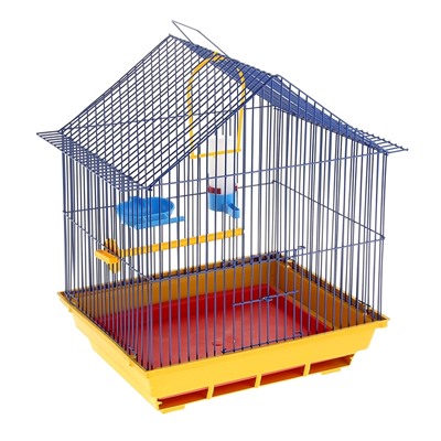 Клетка для птиц малая, крыша-домик, поилка, кормушка, жердочка, качель, микс, 35 х 28 х 43 см