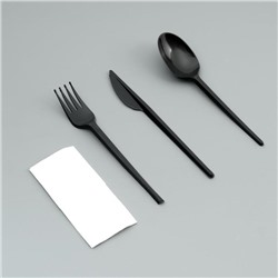 Набор одноразовой посуды "Вилка, ложка, нож, салфетка" черный, 16,5 см