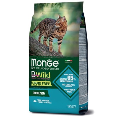 Сухой корм Monge Cat BWild GRAIN FREE для кошек, беззерновой, тунец, 1,5 кг