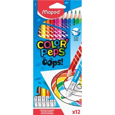 Карандаши пластиковые 12цв трехгранные, стираемые с ластиком COLOR'PEPS OOPS 832812 Maped