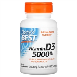 Doctor's Best, витамин D3, 125 мкг (5 000 МЕ), 180 капсул