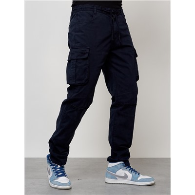 Джинсы карго мужские с накладными карманами темно-синего цвета 2401TS