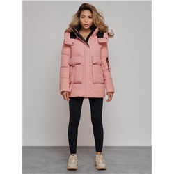 Зимняя женская куртка модная с капюшоном розового цвета 589827R