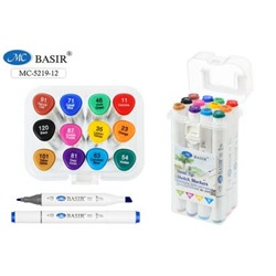 Набор  12 скетч маркеров перманентных, упаковка-плотный пластиковый бокс, трехгранный корпус МС-5219-12 Basir
