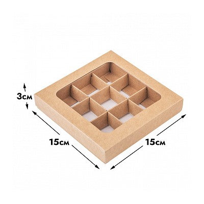 Коробка для 9 конфет крафт, с окном с крышкой
