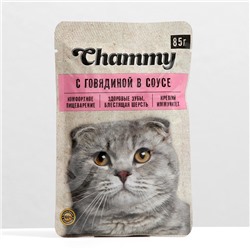 Влажный корм Chammy для кошек, говядина, кусочки в соусе, пауч, 85 г