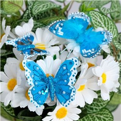 Бабочки для декора и флористики, на прищепке, пластиковые, синие, микс, 5 см и 8 см