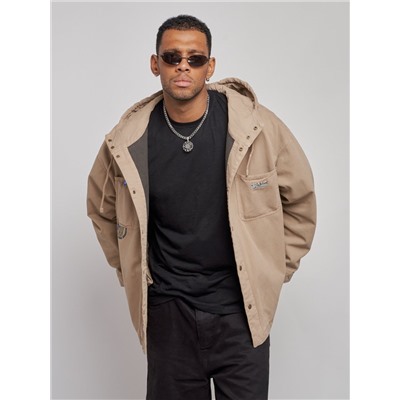 Джинсовая куртка мужская с капюшоном бежевого цвета 12768B