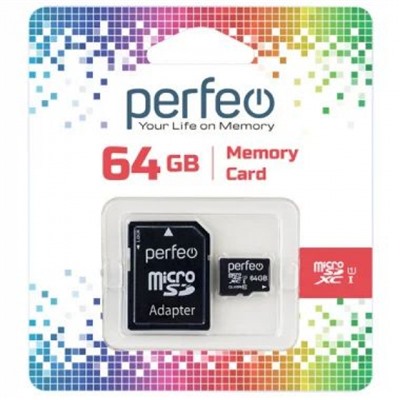 Карта памяти High-Capacity micro SDXC  64 Gb (class 10) c адаптером PF64GMCSX10U1A Perfeo