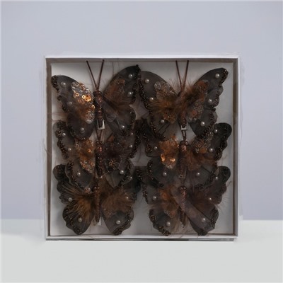 Бабочка для декора и флористики, на прищепке, пластиковая, коричневая, микс, 1 шт., 5 см и 8 см