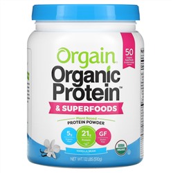 Orgain, Organic Protein + Superfoods Powder, Plant Based Protein Powder, Vanilla Bean, 1.12 lb (510 g)