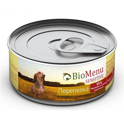 Консервы BioMenu SENSITIVE для собак Перепелка 95 %-мясо, 100 г