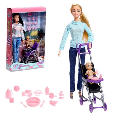 Кукла модель шарнирная "Дженнифер" с малышом, коляской и аксессуарами МИКС 6887649