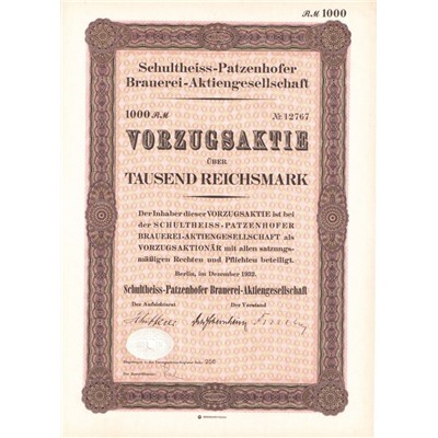 Акция Пивоварня Schultheiss Patzenhofer, 1000 рейхсмарок, 1932 г., Германия