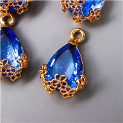 Декор для творчества пластик "Капля с золотыми цветочками" синий кристалл 2х1,2 см