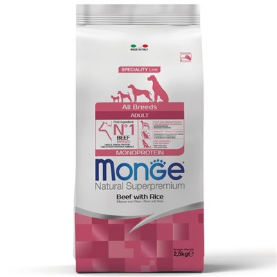 Сухой корм Monge Dog Monoprotein All Breeds для собак всех пород, говядина/рис, 2.5 кг