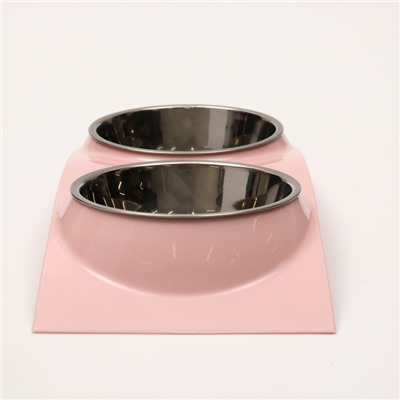Миска металлическая двойная на пластиковой основе, 38,5 х 16,7 х 5 см, розовая