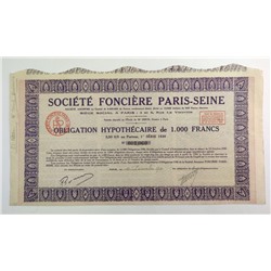 Облигация Земельное общество Paris-Seine, 1000 франков 1930 года, Франция