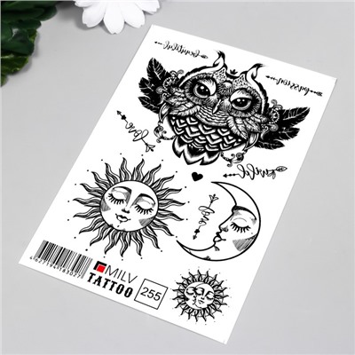 Татуировка на тело "Солнце, месяц и сова" 10х15 см