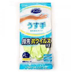 Тонкие хозяйственные перчатки из ПВХ с хлопковым покрытием зеленые Antiviral S.T. Corp (размер L), Япония