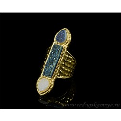 Кольцо "Великолепный Век"с друзами агата в золотистом металле цв.синий.