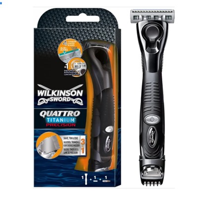 Станок для бритья Schick (Wilkinson Sword) QUATTRO Titanium Precision (+2 кассеты) с триммером и батарейкой