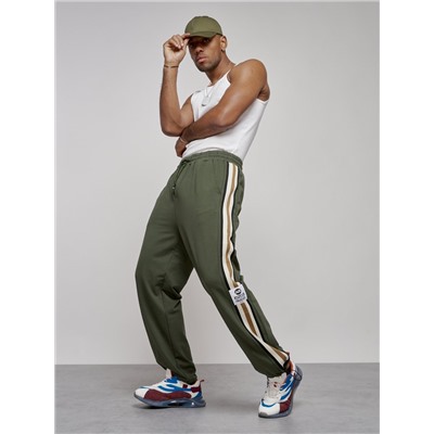 Широкие спортивные штаны трикотажные мужские цвета хаки 12903Kh