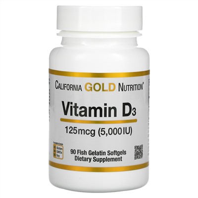 California Gold Nutrition, витамин D3, 125 мкг (5000 МЕ), 90 капсул из рыбьего желатина