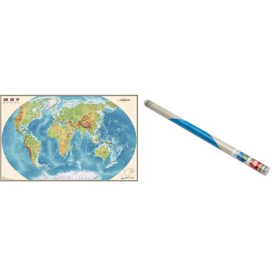 Карта МИРА физическая 122х79 см 1:25М в прозрачном пластиковом тубусе ОСН1234489 Ди Эм Би