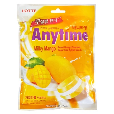 Леденцовая карамель без сахара со вкусом молока и манго Xylitol Anytime, Корея, 60 г Акция