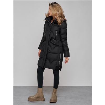 Пальто утепленное с капюшоном зимнее женское черного цвета 13332Ch