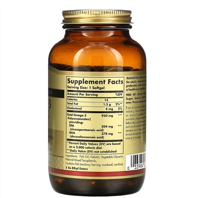 Solgar, омега-3, ЭПК и ДГК, тройной концентрации, 950 мг, 100 капсул