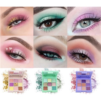 Тени HudaBeauty Pastels MINT, матовые+перламутровые, 9 цветов