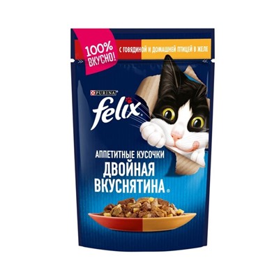 Влажный корм FELIX "Двойной вкус" для кошек, говядина/птица, пауч 85 г