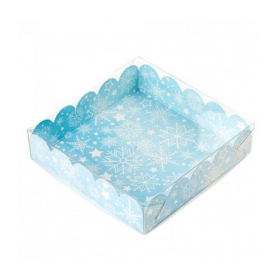 Коробка для печенья 12*12*3 см с прозрачной крышкой "Снежинки на голубом"