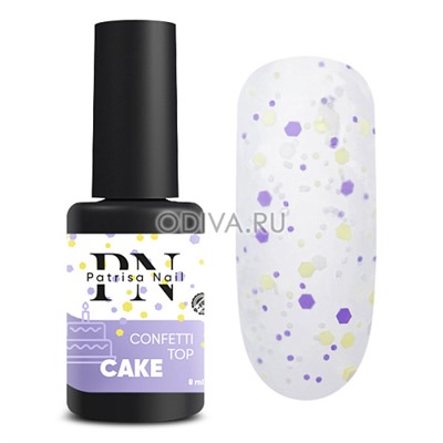 Patrisa nail, Confetti Top - матовый топ с цветными шестигранниками (Cake), 8 мл