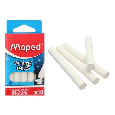 Мелки белые Maped White'Peps, в наборе 10 штук, круглые, специальная формула «без грязи»