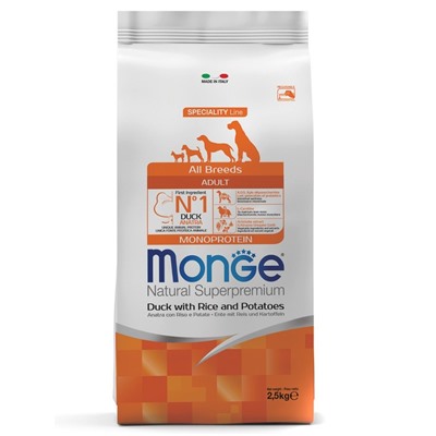 Сухой корм Monge Dog Speciality для собак, утка/рис/картофель, 2,5 кг.