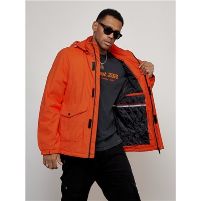Куртка спортивная мужская весенняя с капюшоном оранжевого цвета 88025O