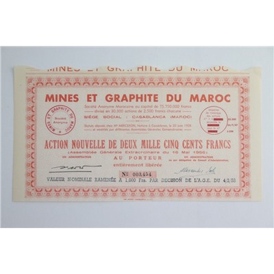 Акция Горнодобывающая промышленность и графит Марокко, 2500 франков 1958 года, Франция