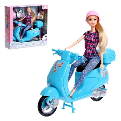 Кукла-модель шарнирная «Анжелика на мотопрогулке» с мопедом и аксессуарами, цвет голубой 9081276