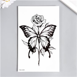 Татуировка на тело чёрная "Бабочка и роза" 21х11,5 см