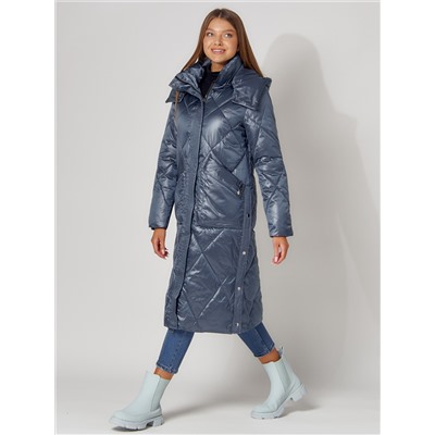 Пальто утепленное стеганое зимнее женское  синего цвета 448601S